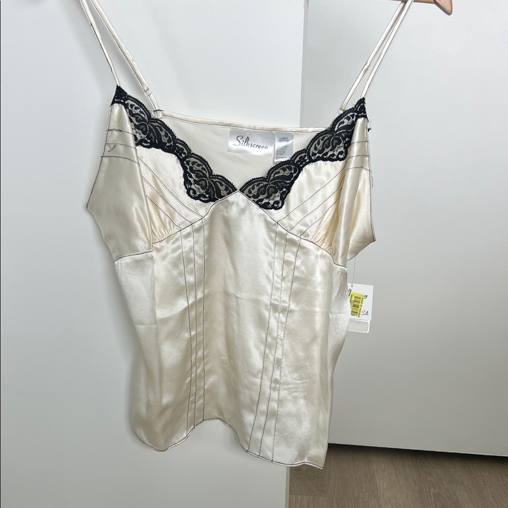 100% Ivory Silk Camisole with Black Lace Trim